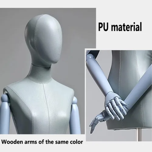Vista 5 de Maniquí de forma de vestido femenino, torso de maniquí de cuerpo de poliuretano con soporte de metal ajustable en altura, brazos de madera, cuerpo
