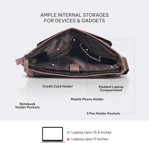 Vista 3 de VALENCHI Bolsa tipo mensajero de cuero de grano completo para laptop de 15.3 pulgadas para hombres y mujeres, compartimento acolchado para laptop