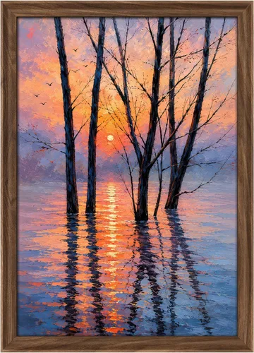 Vista 334 de MUDECOR Lienzo enmarcado prémium para pared, pinos nevados en bosque de invierno, ilustraciones modernas, arte contemporáneo, escénico, divertido
