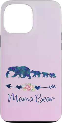 Vista 23 de Funda para iPhone 16, diseño floral de mamá oso de cuatro cachorros, color verde azulado y morado