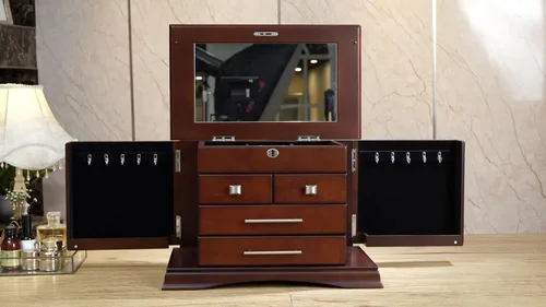 Vista 8 de Joyero grande con acabado de madera de caoba con espejo de cerradura hecho de francés