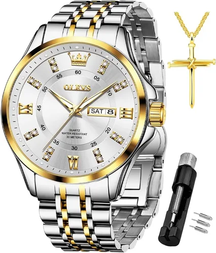 Vista 23 de OLEVS - Relojes de diamantes para hombres, relojes de vestir a prueba de agua, relojes analógicos de cuarzo de lujo con calendario de fecha y correa