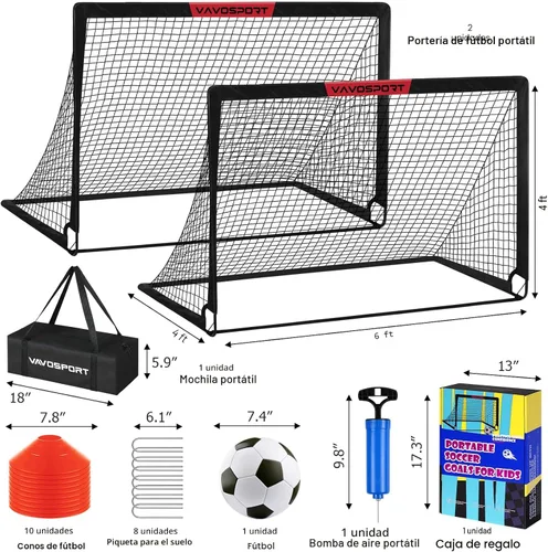 Vista 2 de VAVOSPORT Portería de fútbol, 2 porterías de fútbol para niños de 6 x 4 pies para patio trasero, red de fútbol portátil desplegable