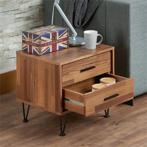 Vista 2 de Acme Deoss Mesita de noche rectangular de madera con 2 cajones con patas en forma de V en nogal