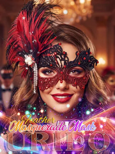 Vista 7 de Urieo Máscara de plumas veneciana de encaje con diamantes de imitación, máscaras de cosplay para mujer