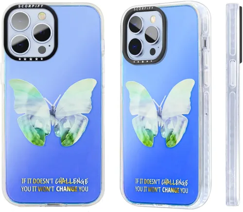 Vista 9 de SCORPIFY Funda para iPhone 14 Pro Max con diseño iridiscente de mariposa azul, bonita funda transparente para mujeres y niñas