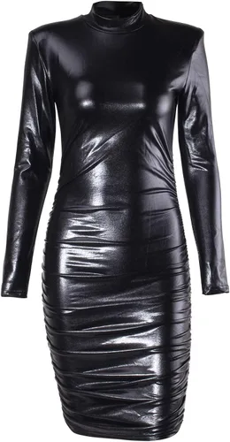 Vista 4 de GUXMO Vestido ajustado de manga larga para mujer, con brillantina, sexy, fruncido, con almohadillas para los hombros, para fiesta, club, noche