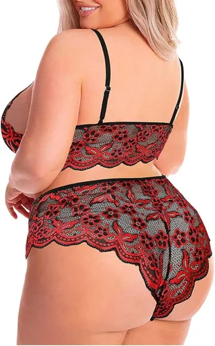 Vista 4 de Lencería sexy de encaje de talla grande para mujer, 2 piezas, brasier cruzado de cintura alta, conjunto de bragas para sexo travieso transparente