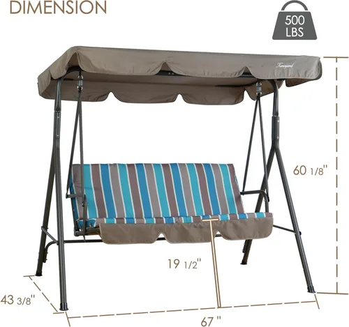 Vista 2 de Kozyard Alicia - Silla Columpio para Patio, Cómodos Asientos de 3 Cojines con Marco de Acero Resistente, Toldo Ajustable y Cojín Extraíble, Columpio