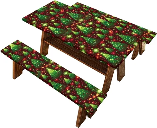 Vista 36 de Juego de 3 calcetines de árbol de Navidad de dibujos animados y galletas, funda de mesa de picnic ajustable con funda de banco, manteles Calcetines