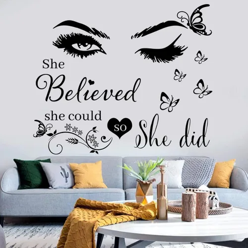 Vista 5 de Adhesivo de pared de vinilo con texto en inglés "She Believed She Could So She Did", calcomanías de pared de mariposa para dormitorio, sala