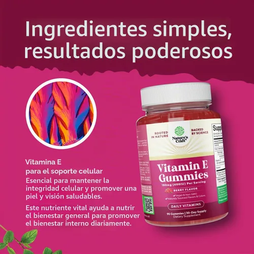 Vista 4 de Natures Craft Gomitas de vitamina E para el cuidado de la piel – Suplemento para la piel de 400 UI de vitamina E de alta potencia – Suplemento