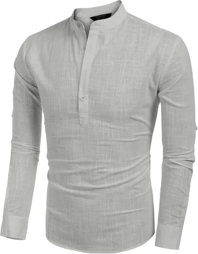 Vista 2 de COOFANDY - Camisa de lino y algodón con cuello Henley, de manga larga, estilo hippie, informal, camisetas de playa