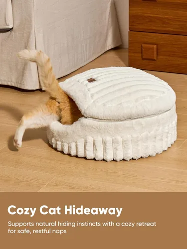 Vista 2 de FUKUMARU Cama tipo cueva para gatos, cama cerrada 2 en 1 para gatos de Crema