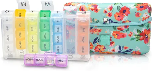 Vista 14 de Made Easy Kit Pastillero grande para 7 días/28 compartimentos en neopreno con pastillero de almacenamiento diario en la mañana, mediodía, víspera