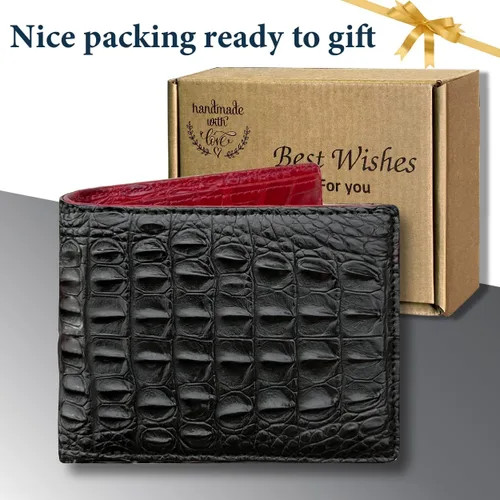 Vista 5 de HATA Cartera plegable de cocodrilo para hombre hecha a mano para vientre o bocina con bloqueo RFID por vietnamita Bifold-Negro-Rojo-Doble cara