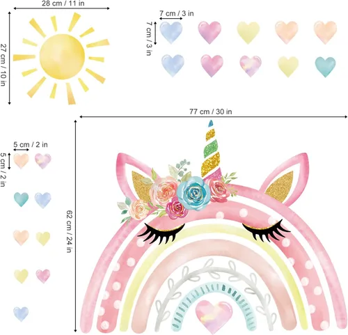 Vista 7 de wondever Calcomanías de pared de acuarela arco iris unicornio corazones sol