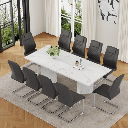 Vista 21 de Juego de mesa de comedor extensible de 63 a 79 pulgadas para 4, juego de mesa de cocina de mármol sintético blanco para 4, juego de mesa de comedor