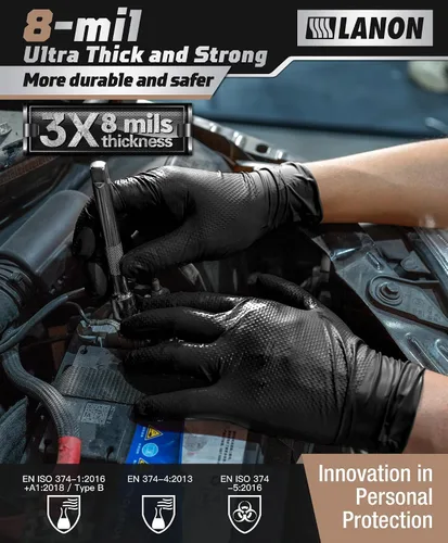 Vista 3 de LANON Black Nitrile Disposable Gloves, EN ISO 374 Chemical Resistant, Heavy-Duty, Mechanic, Textured Fingertips, Latex-Free
