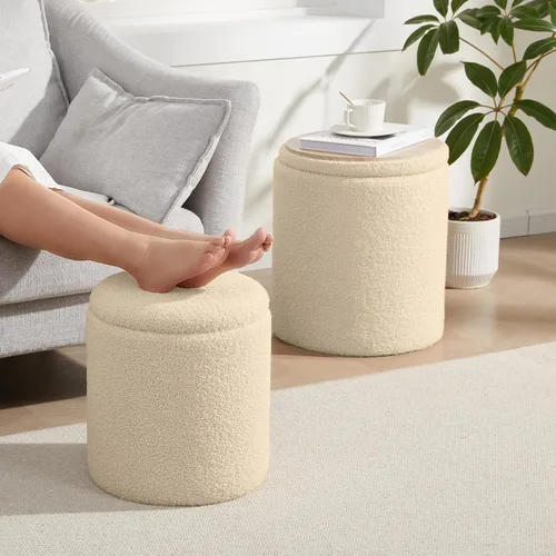 Vista 8 de Royal Windsor Boucle - Juego de 2 otomanas redondas con almacenamiento, taburete pequeño para sala de estar, mesa de centro pequeña, taburete