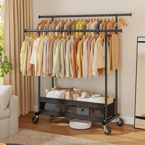 Vista 8 de Perchero de ropa para colgar ropa, perchero portátil con ruedas, perchero de ropa de doble barra con cesta de almacenamiento, perchero
