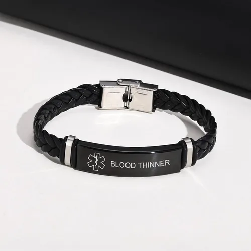 Vista 10 de MEALGUET Pulseras médicas personalizadas para hombres: grabado gratuito de acero inoxidable negro y cuero trenzado pulsera de alerta médica