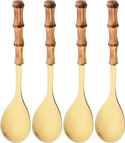 Vista 7 de Juego de 4 utensilios para servir con mango de bambú, acero inoxidable 304, cuchara larga Hanlde para cocina, bufé, banquete, boda, fiesta, cocina