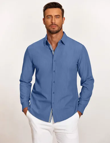 Vista 2 de COOFANDY Camisa casual con botones para hombre, camisa de vestir de mezclilla elástica de manga larga