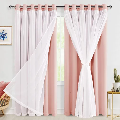 Vista 90 de Hiasan Cortinas opacas con superposición transparente, aislamiento térmico para mezclar y combinar de doble capa, cortinas de oscurecimiento de Beige