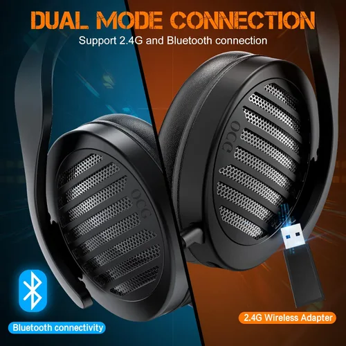Vista 5 de OCG Auriculares para juegos inalámbricos duales sin pérdida 2.4G Bluetooth para juegos con micrófono desmontable de 1.969 in - para PC, PS4, PS5