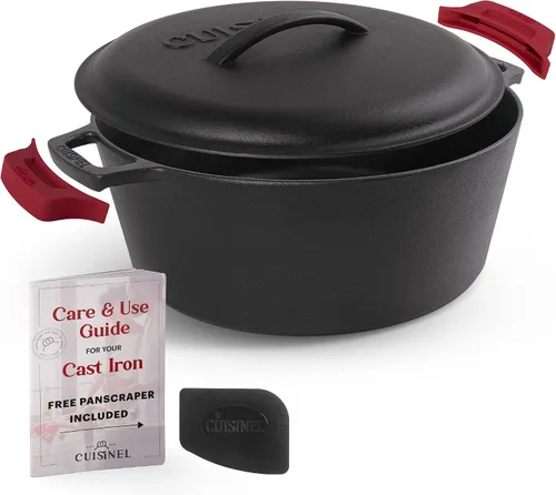 Vista 8 de Cuisinel Horno Holandés de Hierro Fundido - Olla Profunda de 3 Cuartos - Multicocina 2 en 1 Presazonada - Tapa Combinada que Funciona como Sartén