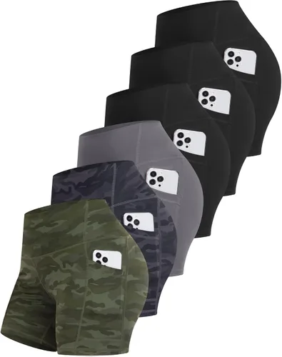 Vista 15 de CHRLEISURE - 6 paquetes de pantalones cortos de mujer estilo biker con bolsillo, pantalones cortos de elastano de control de abdomen de 5 pulgadas