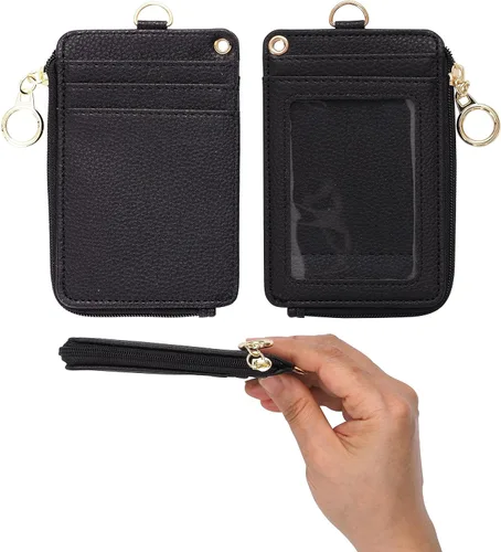 Vista 2 de Mondo Designs Soporte de tarjetas de ID 2 en 1, cartera chica multiusos, correa de muñeca extraíble, cordón para cuello, ventana clara, 5 ranuras