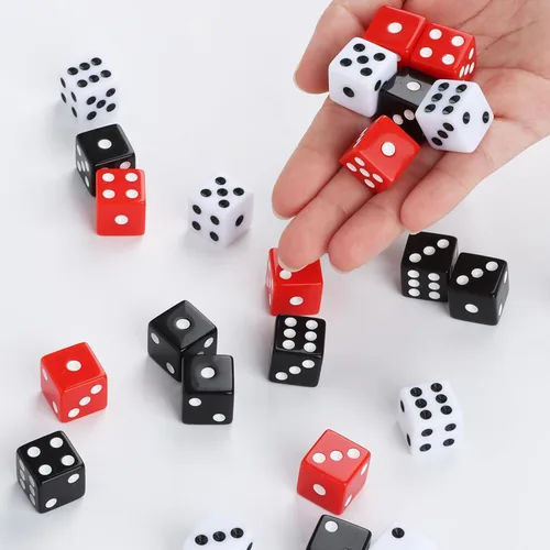 Vista 6 de Juego de 50 dados estándar de 0.63 pulgadas con acrílico negro, blanco, rojo, 6 caras, a granel, dados de casino para fiestas temáticas de casino