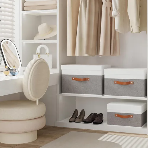 Vista 4 de Contenedor de almacenamiento de tela, cesta de almacenamiento con tapas, caja organizadora de armario con asas para zapatos, libros, toallas, blanco