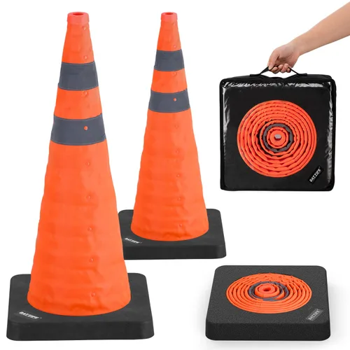 Vista 13 de BATTIFE [1 Paquete] Conos azules plegables de seguridad de tráfico de 28 pulgadas con base negra pesada, conos emergentes multiusos con collar