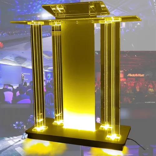 Vista 7 de Soporte de podio acrílico transparente, podio de piso con ruedas, plataforma de lectura vertical con luces LED, escritorio de recepción rodante