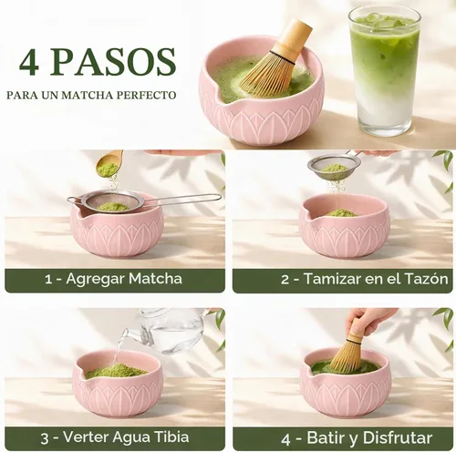 Vista 4 de Juego de batidor Matcha con cuenco de cerámica y cazador de bambú hoja rosado