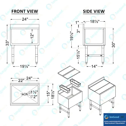 Vista 3 de AmGood 18.5 in. x 24 in. Cubo de hielo debajo de la barra con tapa deslizante NSF Baúl de hielo de acero inoxidable con tapa deslizante
