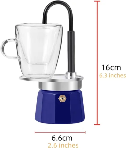 Vista 8 de Mini Express Swiss Single Tube Moka Pot Aluminio Azul, El juego de moka incluye una taza de doble pared de 3 onzas, disfruta de un delicioso café