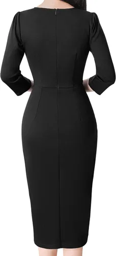 Vista 5 de VFSHOW Vestido plisado con cuello en V para mujer, con botones divididos, para el trabajo, oficina, negocios, ajustado, vestido de tubo