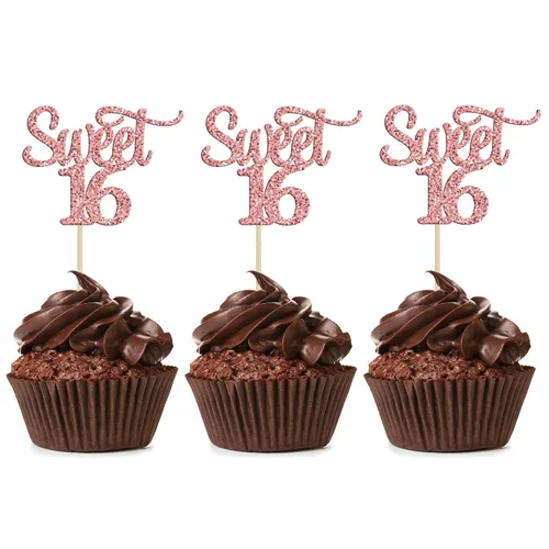 Vista 12 de Gyufise 1 decoración para tartas de 16 años con purpurina negra para cumpleaños de 16 años, decoración para felicitaciones a 16 años de edad