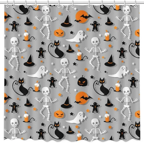 Vista 3 de MEHOFOND Cortina de ducha de calavera de esqueleto de Halloween, divertida cortina de ducha para baño, gato, calabaza, bruja, fantasma, bañeras