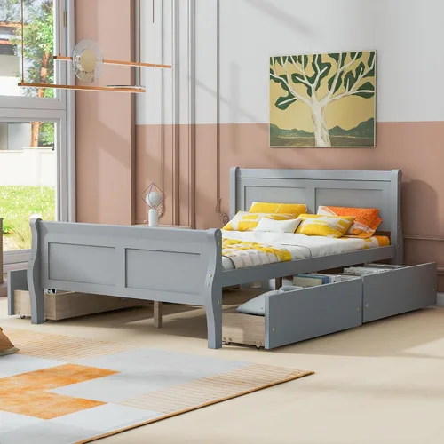 Vista 15 de Cama de plataforma de madera de tamaño individual con cabecera en forma de casa, soporte de listones de madera, para dormitorio de niños, niñas
