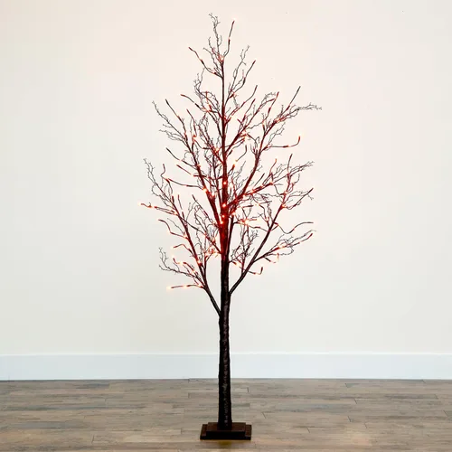 Vista 17 de Nearly Natural Árbol de otoño artificial de ramita negra preiluminado de 6 pies con 300 luces LED naranjas y moradas