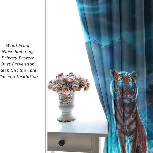 Vista 6 de Cool King of The Forest - Cortinas opacas con diseño de tigre anime, fantasía, animal, fuego, tigre, hielo, con ojales, ahorro de energía, 2