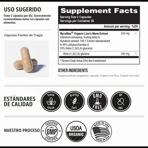 Vista 3 de Suplemento de Hongos Mane de León MycoMax - 70% Beta Glucanos, Extracto Orgánico de Mane de León de Máxima Potencia, Cultivado en EE. UU. +