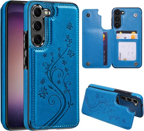 Vista 17 de Korecase - Funda tipo cartera para Samsung Galaxy S23 con tarjetero y tarjetero de piel sintética, diseño de mariposas y flores, color azul