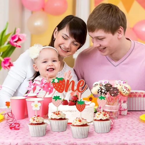 Vista 7 de Decoración para magdalenas de primer cumpleaños, 5 piezas de lindo pastel de margaritas fresas de madera, decoración de pastel para niños de un año