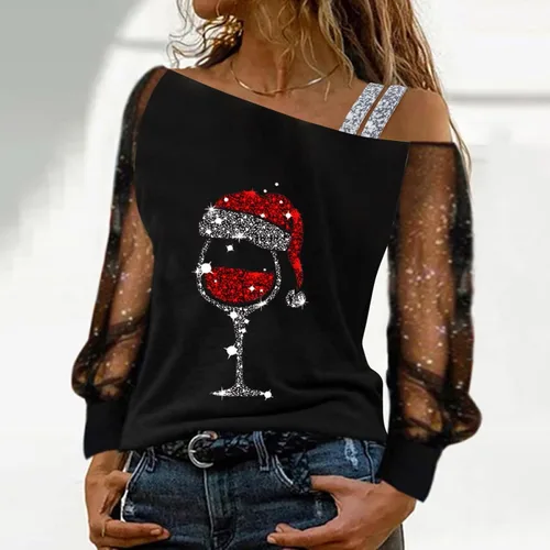 Vista 3 de Camiseta de manga larga con estampado brillante para mujer, con estampado brillante, manga larga, con hombros descubiertos, blusa con brillantina